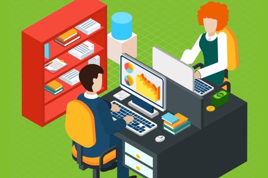 Banking accounting isometric composition on green background with staff at computer work in office vector illustration